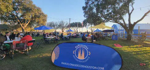 Patio and celebration station with a branded tent