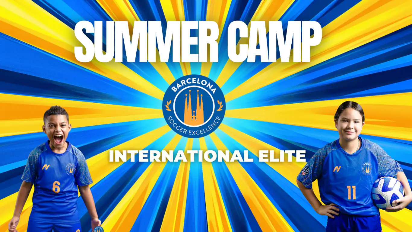 Summer Camp, International Elite: two smiling campers in Barcelona Soccer Excellence kits beneath the crest