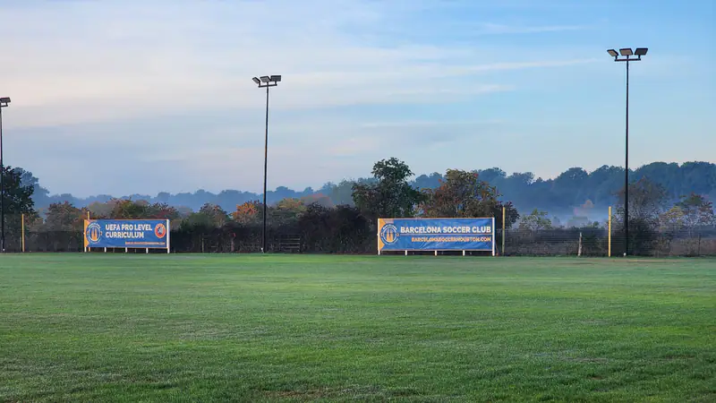 Floodlit grass match field at dawn