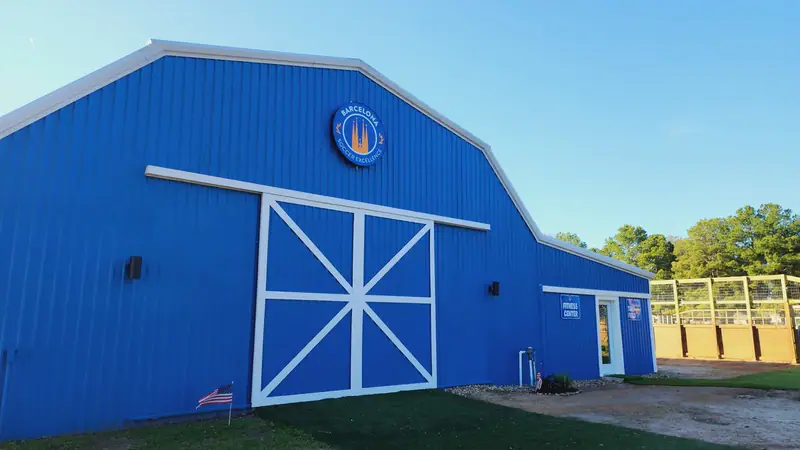 Front of the blue clubhouse