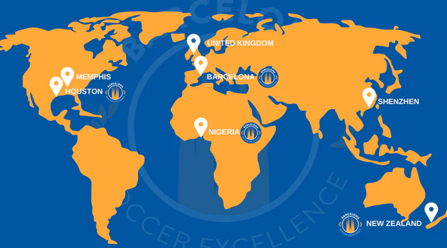 World map of Barcelona Soccer Excellence methodology locations: Houston, Memphis, United Kingdom, Barcelona, Nigeria, Shenzhen and New Zealand.