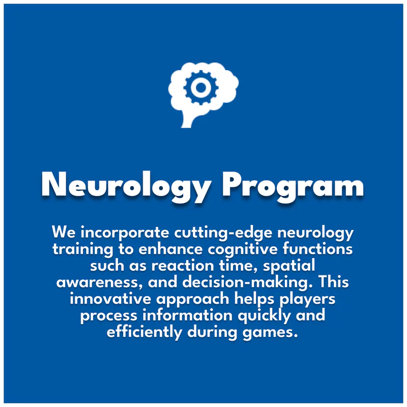 Neurology Program. We incorporate cutting-edge neurology training to enhance cognitive functions such as reaction time, spatial awareness, and decision-making. This innovative approach helps players process information quickly and efficiently during games.