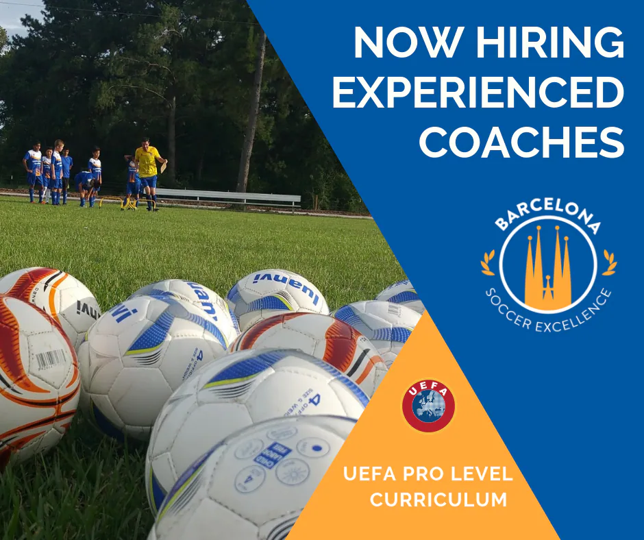 Now hiring experienced coaches: soccer balls on the training field beside the Barcelona Soccer Excellence crest, UEFA Pro Level curriculum