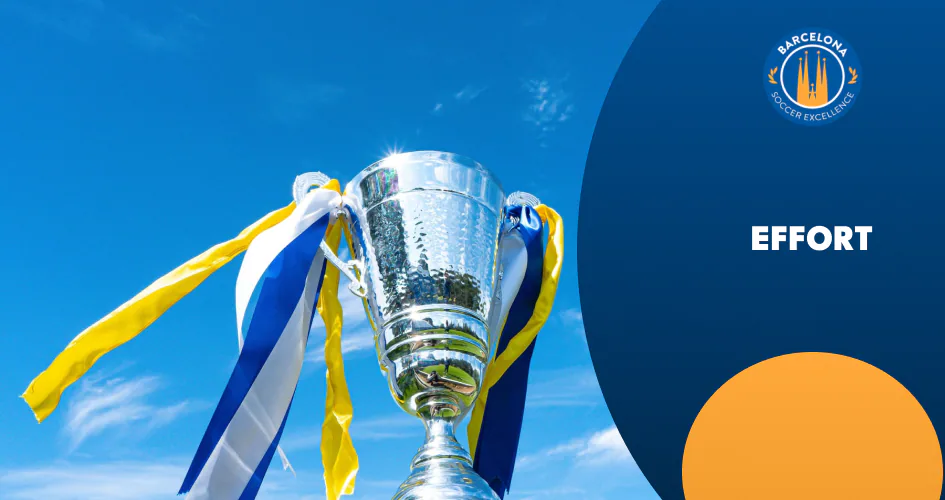 Effort: a trophy with blue and gold ribbons against the sky